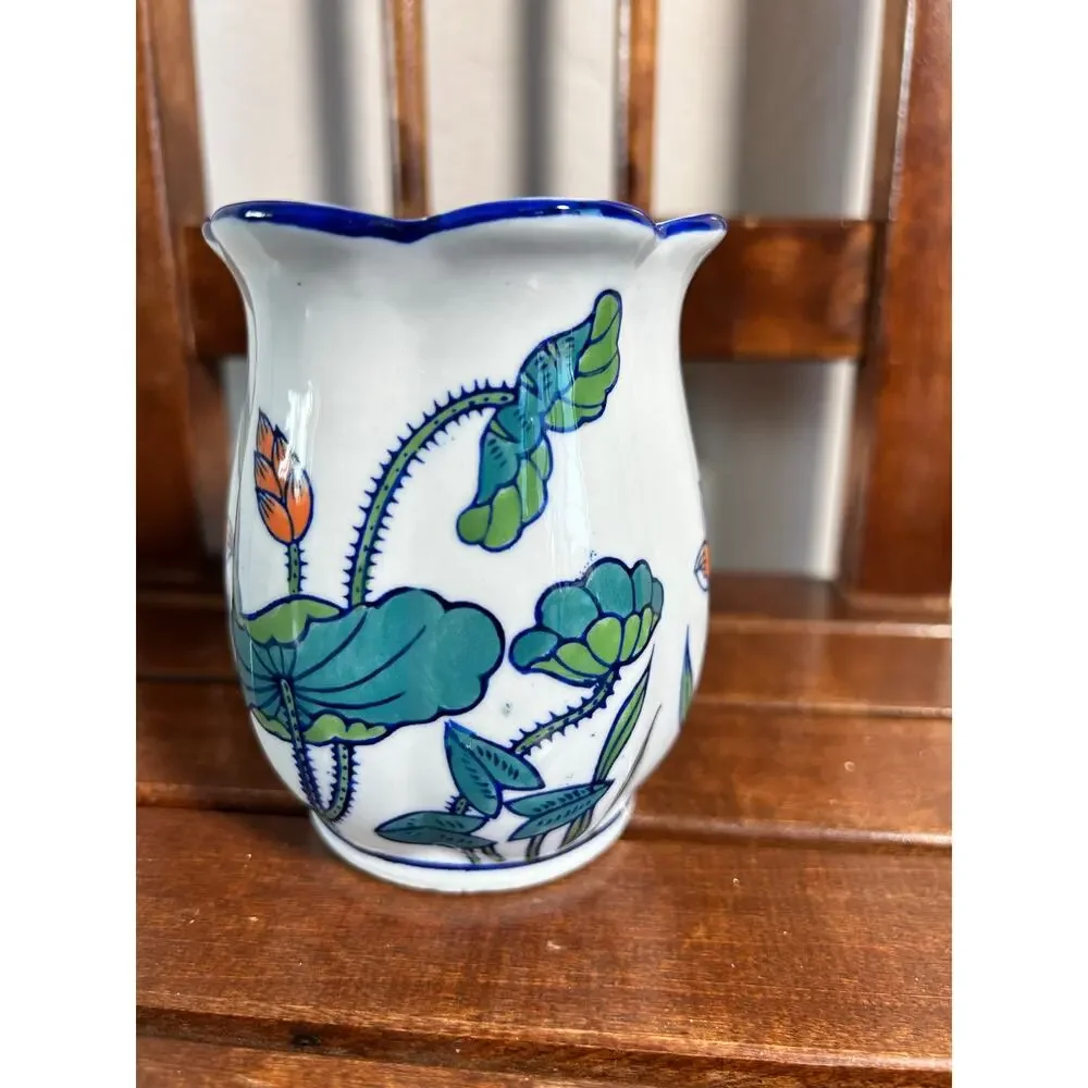 Vintage Chinese Porcelain Lotus Vase Hand Painted Blue White Scalloped Rim